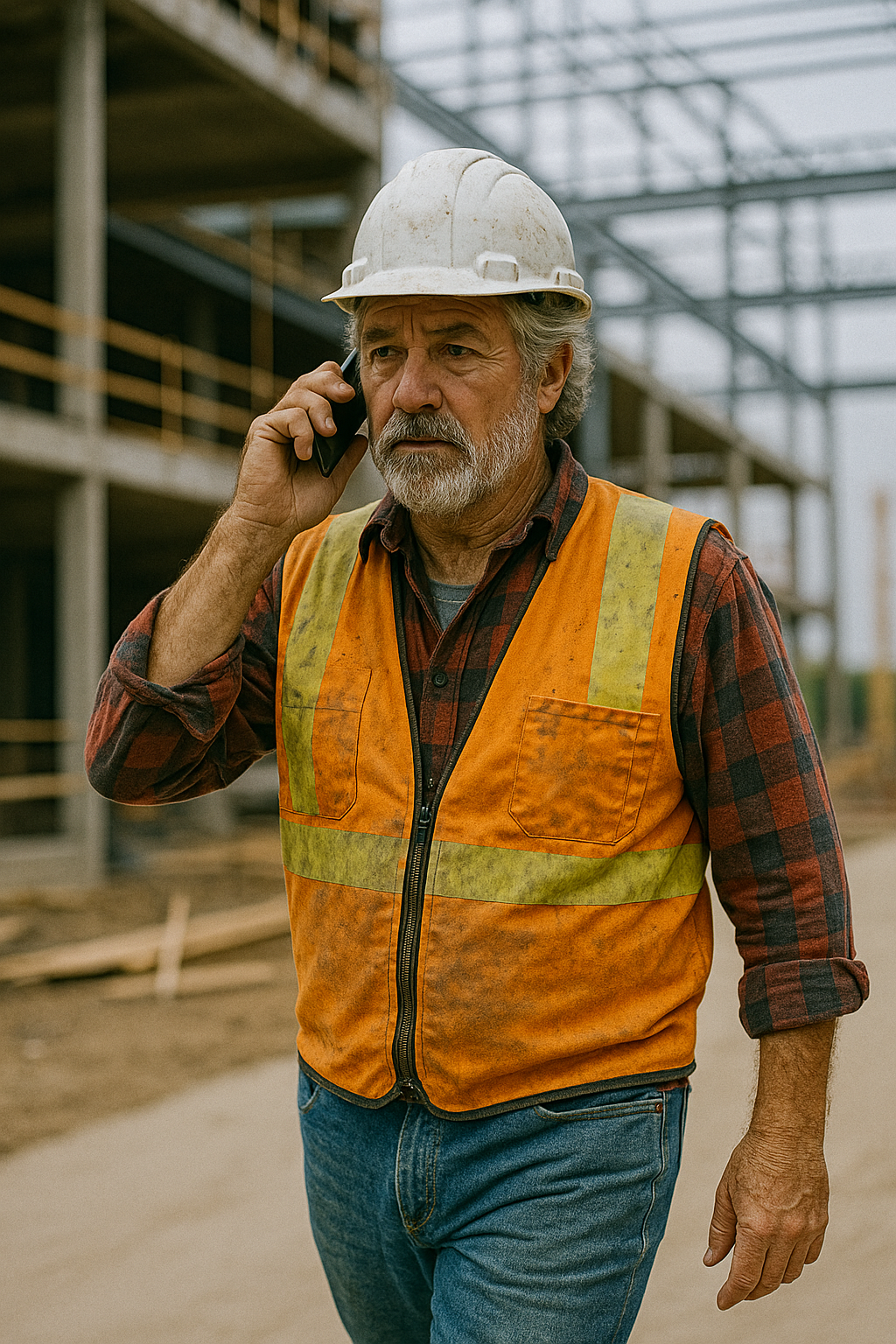 Construction foreman speaking into phone, logging a daily report with Unbane Voice AI